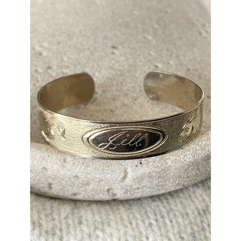Vintage Style Children’s Cuff Bracelet Gold Tone Jill Name Embossed Animals